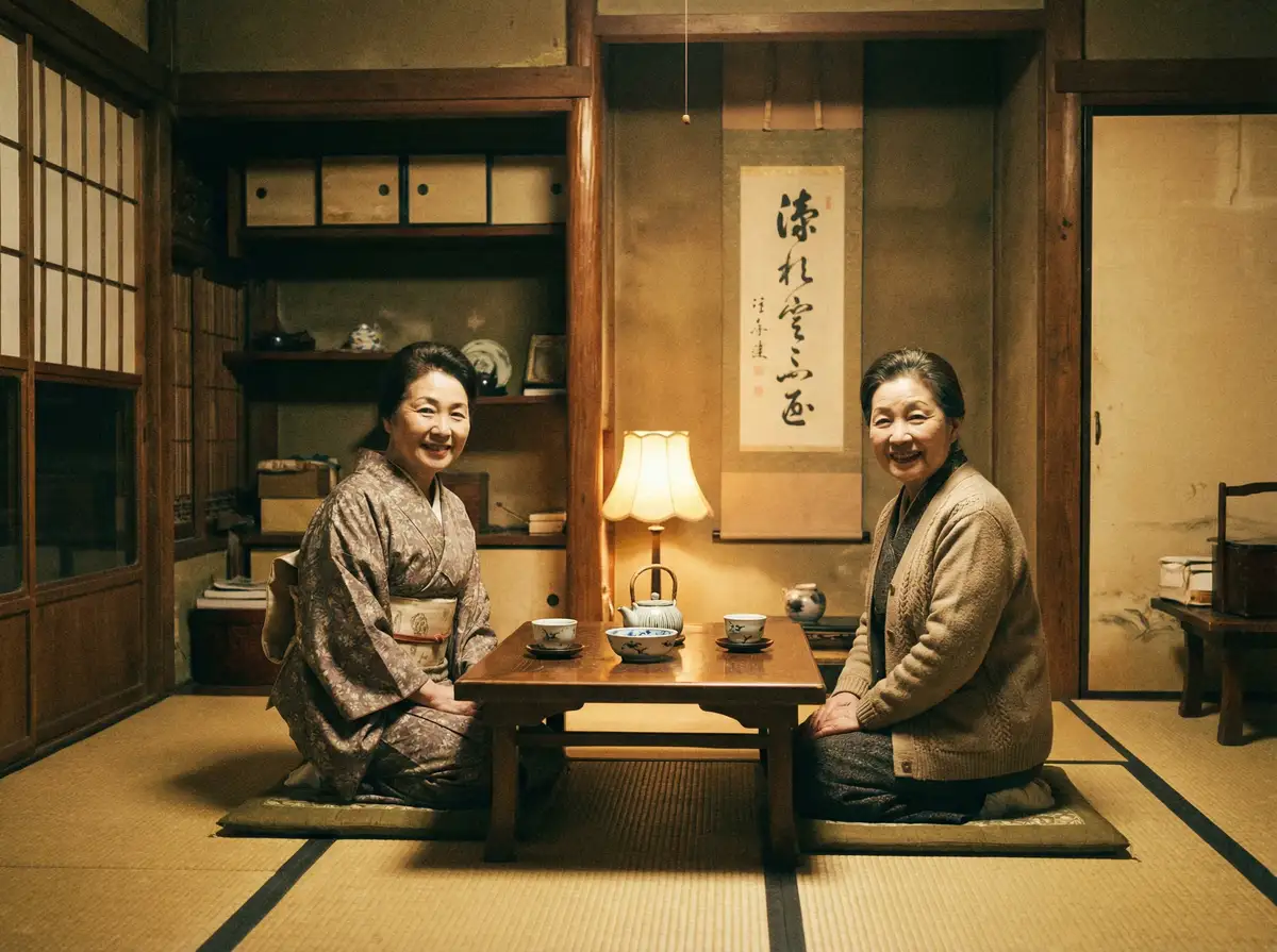 两位优雅的 91免费看片 在日式茶室中品茶交谈